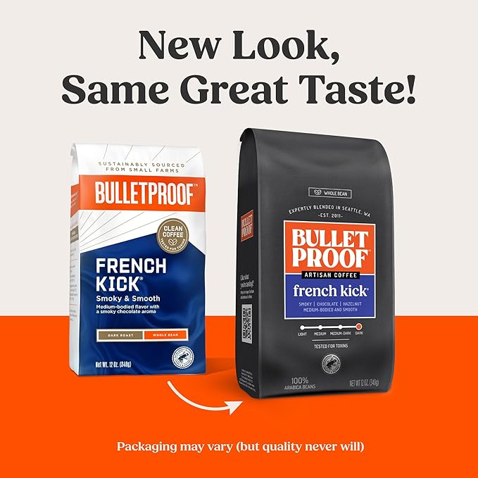 Bulletproof French Kick Dark Roast Whole Bean Coffee 12 Ounces Clean Coffee Tested for Toxins Packaging May Vary (Pack of 2)