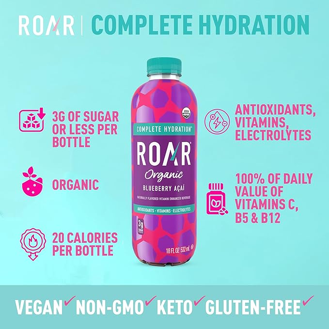 Roar Organic Electrolyte Infusions - USDA Organic - Blueberry Acai - with Antioxidants B Vitamins Low-Calorie Low-Sugar Low-Carb Coconut Water Infused Beverage 18 Fl Oz (Pack of 12)