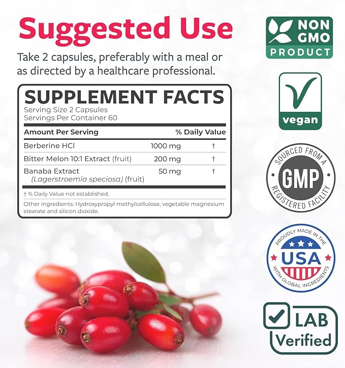 Berberine Supplement (Non-GMO &amp Vegetarian) Berberine HCL Plus Bitter Melon &amp Banaba Leaf Extract Capsules - Berberine 500mg Each 1000mg Per Serve - AMPK Metabolic Activator - 120 Caps (No Pi