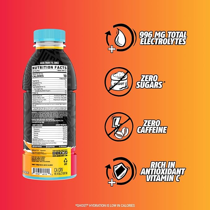 GHOST Hydration Drink Strawbango - RTD Sports Drink with Electrolytes Natural Vitamins &amp Minerals - All Day Lifestyle Hydration Beverage - Zero Caffeine &amp Zero Sugars - 16.9 Fl Oz 12 Pack