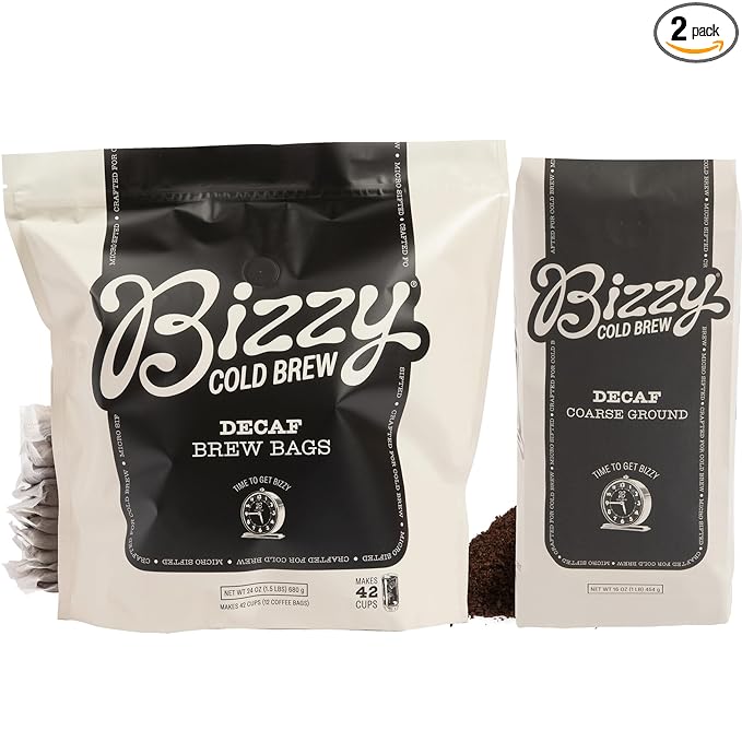 Bizzy Cold Brew Coffee | Decaf Bundle | Coarse Ground Coffee + Brew Bags | Micro Sifted | Specialty Grade | 100% Arabica | 1 LB and 12ct Brew Bags