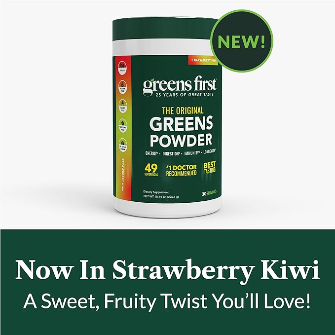 Greens First Original Greens Powder - 49 Superfoods - Organic Fruits &amp Veggies - Prebiotics Probiotics &amp Digestive Enzymes - Antioxidant - Dairy Free/Vegan/Non-GMO (Strawberry Kiwi 30 Servin