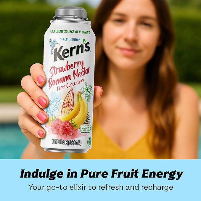 Kern’s Strawberry Banana Nectar Lata Botella - Fresh Fruit Puree &amp Tropical Fruit Juice Concentrate for Smoothie Mix Cocktail Mixers &amp Kids Beverages - 15.5oz 12 Pack Resealable Juice Bottle