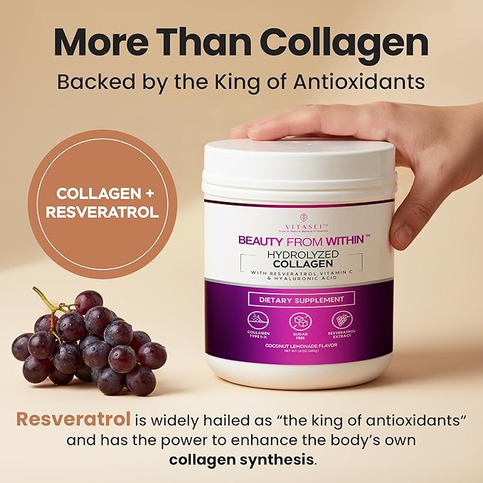 VITASEI Hydrolyzed Collagen Peptides Powder with Resveratrol &amp Vitamin C – Hair Skin &amp Joint Support – Colágeno Hidrolizado for Women &amp Men – Refreshing Coconut Lemonade Flavor 16 oz (30