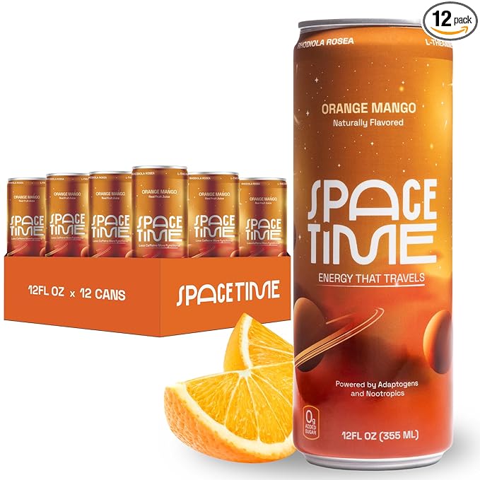 SpaceTime Productivity &amp Focus Energy Drink – Real Juice Infused Nootropic Drink with 50mg Organic Caffeine L-Theanine Rhodiola &amp B Vitamins – Clean Low-Caffeine Brain Boost – Orange Mango