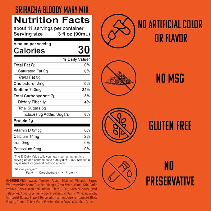 SPOOKY - Sriracha Bloody Mary Mix - Made With All Premium Natural Ingredients - No Artificial Color or Flavor - No Preservative No MSG Low Carb Low Calorie &amp Gluten Free - 32 Oz (Pack of 2)