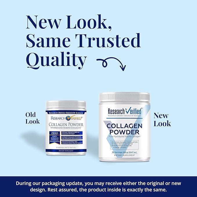 Research Verified® Collagen Powder - Hydrolyzed Marine Collagen Peptides - Unflavored - Skin Hydration and Elasticity Muscle Recovery Non GMO - 30 Scoops Per Container - 3 Month Supply