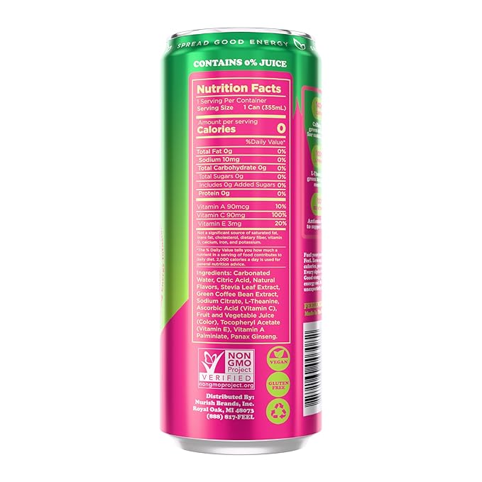 FEEL Zero Sugar Natural Energy Drink – Dragonfruit Lime 140 mg Plant-Based Caffeine with L-Theanine for Focus &amp Vitamin C for Immunity Vegan Non-GMO No Artificial Sweeteners 12 Fl Oz Cans (12
