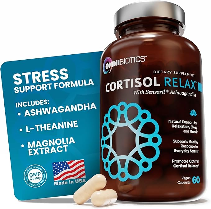 OmniBiotics Cortisol Supplement for Women and Men - High Cortisol Manager with Ashwagandha L-Theanine Magnolia Extract Phosphatidylserine to Support Relaxation Calm Detox - 60 Vegan Capsules