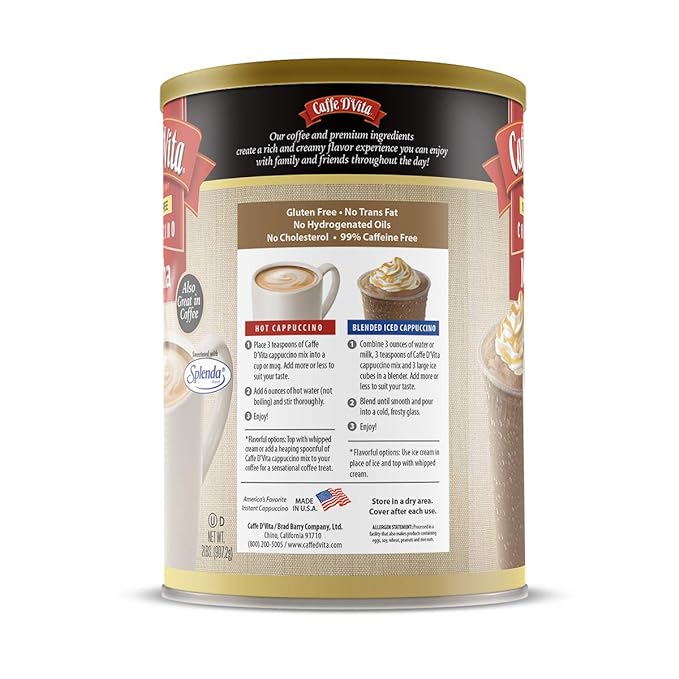Caffe D'Vita Sugar Free Mocha Cappuccino Mix - Sugar Free Mocha Mix Gluten Free No Cholesterol No Trans Fat 99% Caffeine Free - 2 lb. (32 oz.) can