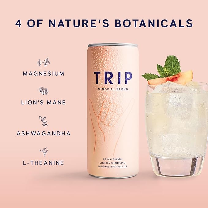 TRIP Lightly Sparkling Adaptogen Drink Non Alcoholic Drink with Magnesium Ashwagandha Lions Mane &amp L Theanine No Added Sugar Mocktail Vegan Peach Ginger 12 Oz 12Pk