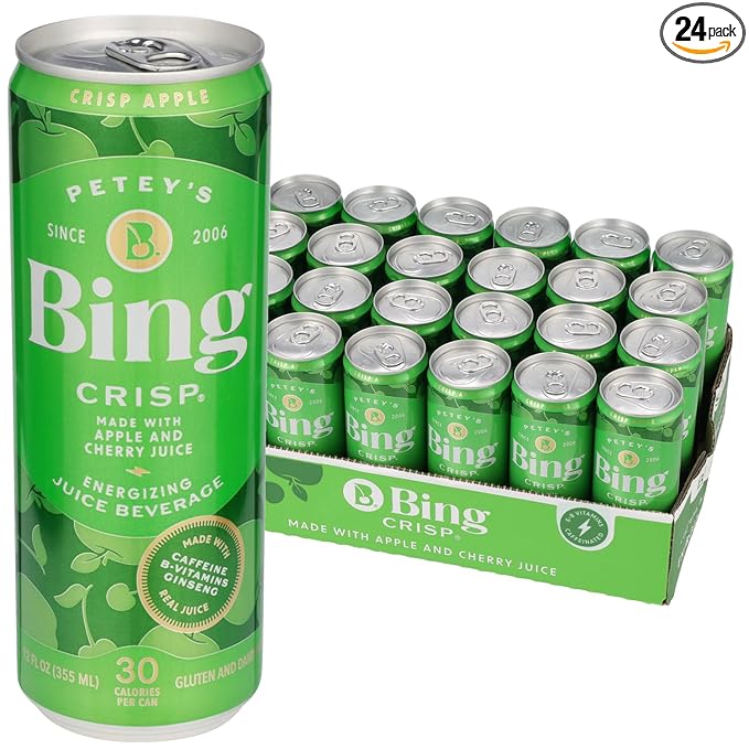 BING CRISP Energizing Juice Beverage – Apple &amp Cherry (12oz/24pk) – Made with REAL Juice! Only 2g added Sugar Low Calorie 5 B-Vitamins &amp Ginseng 100mg Caffeine Vegan Gluten + Dairy Free.