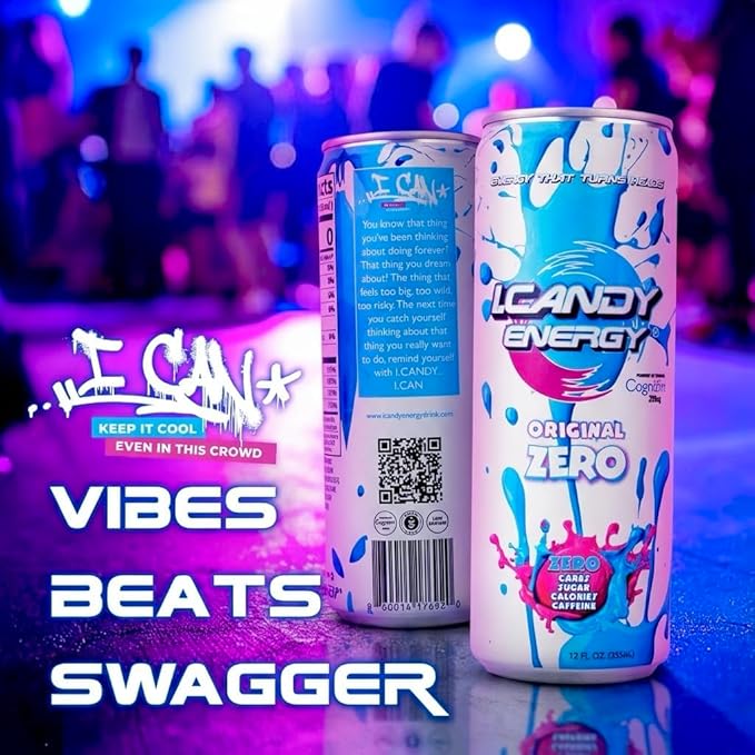 I.CANDY ZERO Energy Drink Caffeine Free Sugar Free Energy Drinks 12 Pack 12 oz Cans Zero Sugar Zero Calorie 250mg Cognizin Citicoline No Caffeine Mental Focus Energy