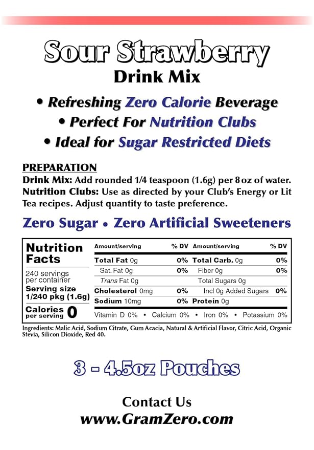 GramZero Sour Strawberry Zero Calorie Sugar Free Drink Mix Great For Nutrition Club Loaded Tea Stevia Sweetened