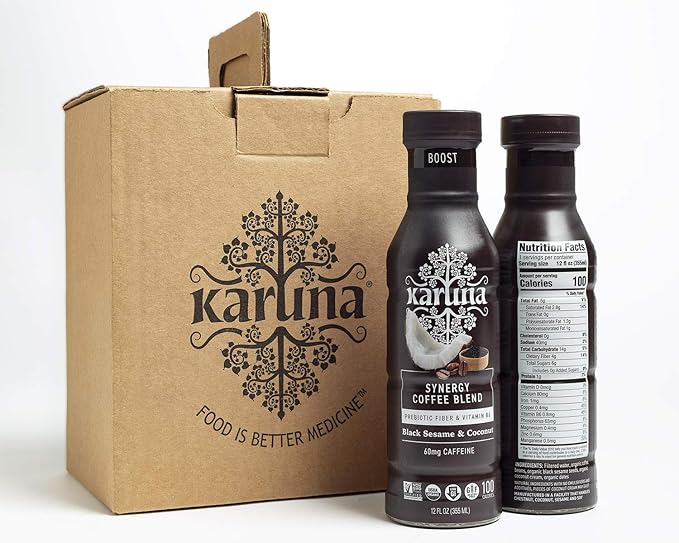 Karuna Whole Plant Synergy Organic Coffee Blend Energy Boost Pack Black Sesame and Coconut Flavor 60mg Caffeine Non-GMO Gluten-Free 12 Fl Oz (6-Pack)
