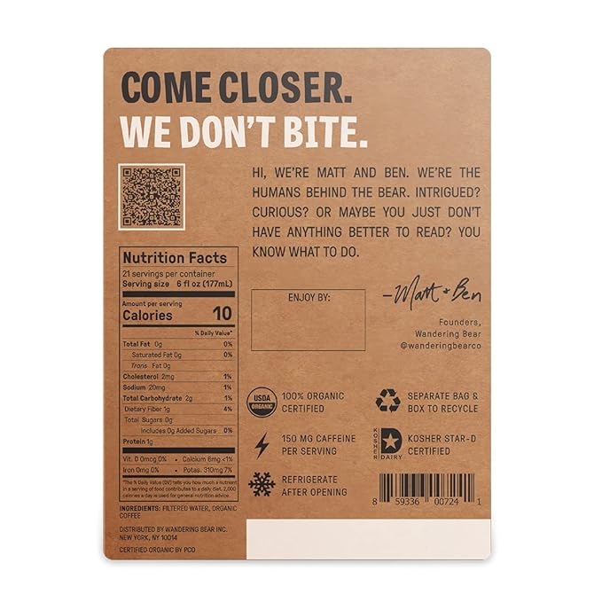 Wandering Bear Straight Black Organic Cold Brew Coffee On Tap Iced Coffee Drink - Extra Strong Bold Smooth No Sugar Added Shelf-Stable Ready to Drink &amp Vegan 100% Organic - 128 fl oz (1 gal