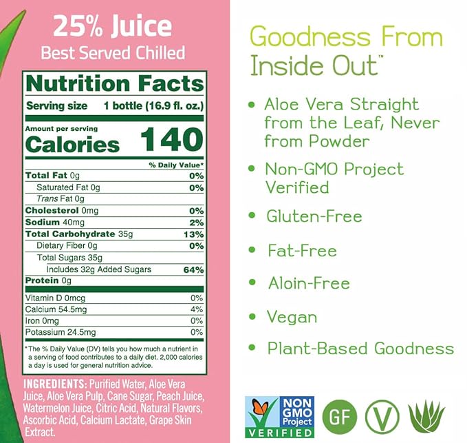 ALO Aloe Vera Juice Drink | COMFORT - Watermelon + Peach | 16.9 fl oz Pack of 12 |Plant-Based Drink with Real Aloe Pulp