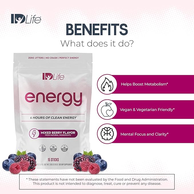 IDLife Energy - Mixed Berry - Sustained Power Boost with Powder Healthy Drink for Work Gym &amp Daily Use 6 Hours of Boost - 15 Sticks per Bag