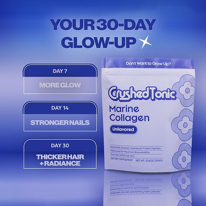 Crushed Tonic Marine Collagen Powder Korean Beauty Drink with Hydrolyzed Collagen Peptides for Skin Hair &amp Nails | Gluten-Free Halal &amp Kosher (Pure Unflavored 30 Servings (150 g) Pouch)