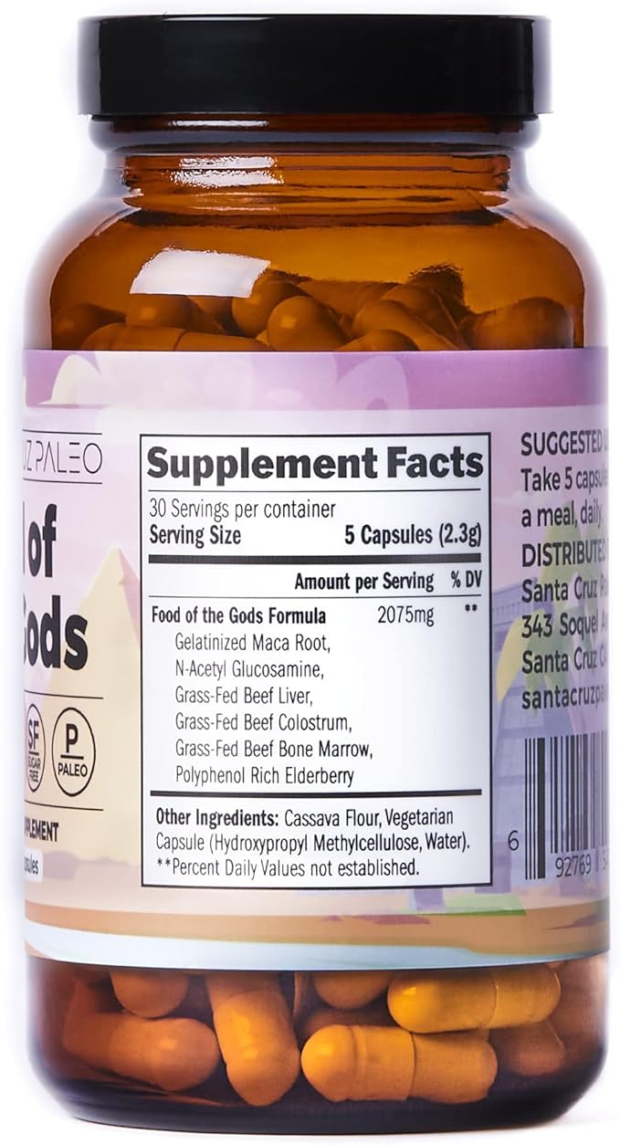 Santa Cruz Paleo Food of The Gods Grass Fed Beef Organ Supplement for Men and Women with Collagen Maca Root Colostrum Bone Broth Iron Vitamin B12 Gluten Free Keto Friendly 30 Servings