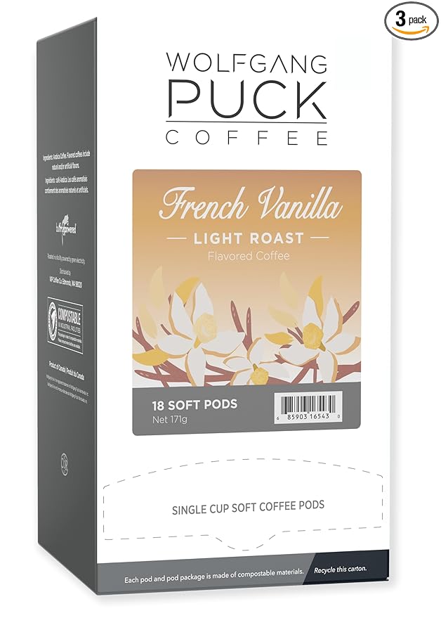Wolfgang Puck Coffee French Vanilla 9.5 Gram soft Pods 18 Count (Pack of 3)