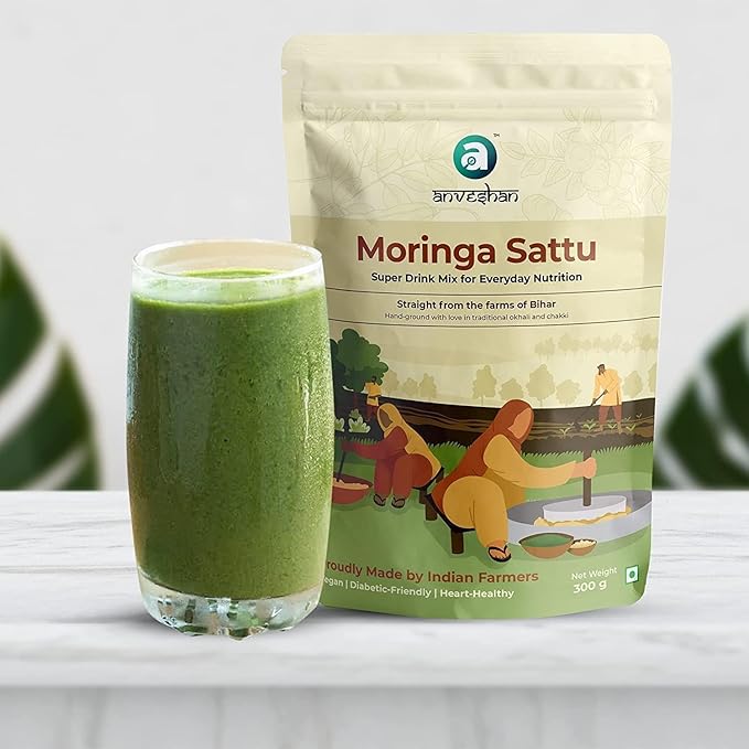 Moringa Sattu Drink Mix - 300g | Chana Sattu Protein Powder | Vegan Energy Drink | 8 Vitamin and Fibre Rich Nutrition Drink | 10.59 Ounce