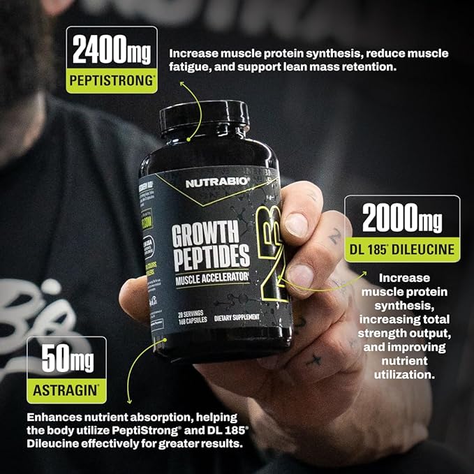 NutraBio Growth Peptides |Muscle Accelerator with DiLeucine &amp PeptiStrong | Peptides for Muscle Growth Men &amp Women- 28 Servings- 196 Capsules
