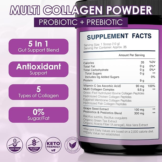 DRFOSTER Collagen Peptides Powder with Probiotics - Hydrolyzed Collagen Type I II III V X with Antioxidant Blend - Multi Collagen for Women Support Skin Hair Nail Joints &amp Gut 35 Servings Non-GM
