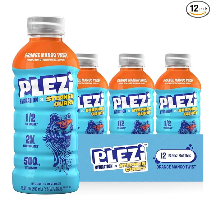 PLEZi Orange Mango Twist Hydration Drink x Stephen Curry - Sports Drinks with 2X Electrolytes - 500mg Potassium Low Sugar No Added Sugar - For Kids &amp Adults - 16.9 Fl Oz (12 Pack)