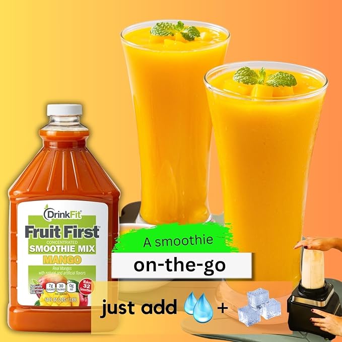 DrinkFit Fruit Smoothie | Real Fruit Puree Low Sugar Gluten:Free &amp Non:GMO Mango Smoothie Mix : Makes 32 Smoothies 64 Fl Oz (Mango)