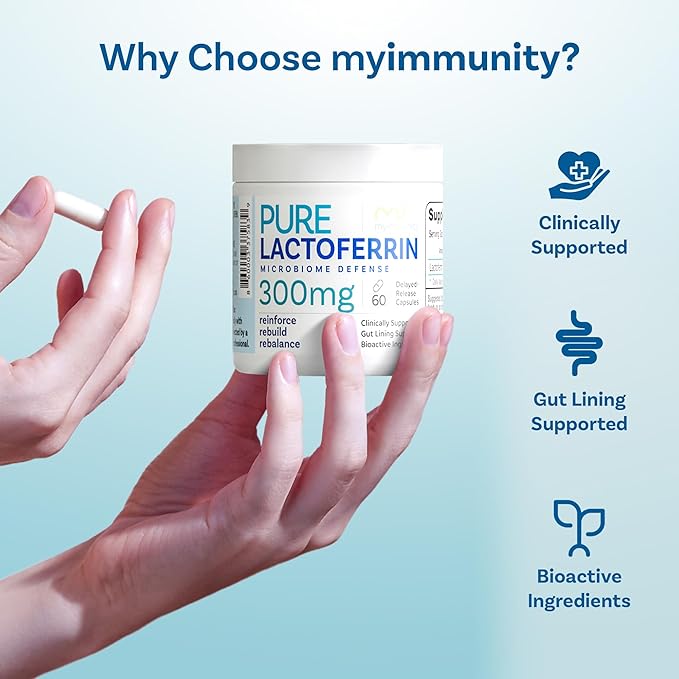 Pure Lactoferrin Microbiome Defense - 300mg Delayed Release Capsules Non-GMO Iron Absorption &amp Immune System Support Lactoferrin Supplements for Adults Gluten-Free (60 Capsules)