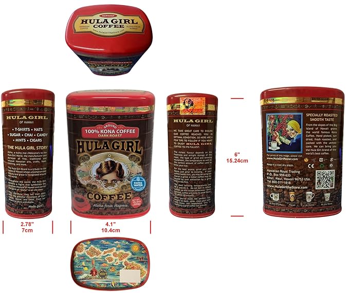HULA GIRL 100% KONA Roasted Arabica Ground Coffee Dark Roast Net Wt. 10.5 Ounce (0.66Lb) 300 Grams Collector Tin