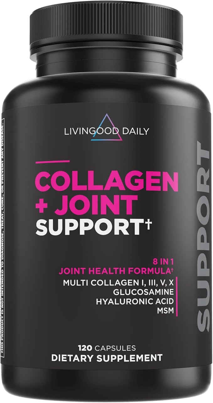 Livingood Daily Collagen + Joint Support Grass Fed Multi Collagen Peptides I III V X with Hyaluronic Acid Joint Support Supplement for Women &amp Men Hair Skin Nails Keto &amp Gluten Free 120 C