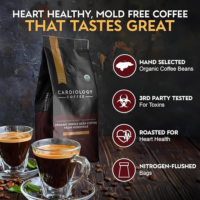 Cardiology Coffee – Whole Bean Coffee – USDA Certified Organic Mold Free 12oz Premium Light Roast Organic Coffee Beans with Antioxidant Benefits – Perfect for Heart Healthy Lifestyle
