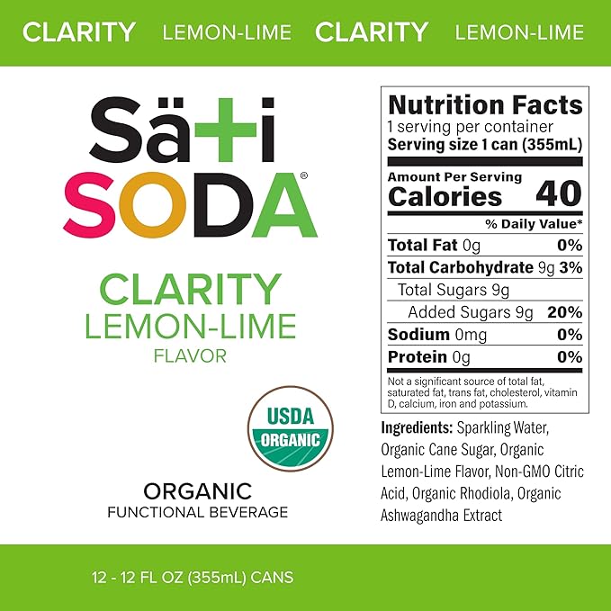 Sati Soda Lemon-Lime – Functional Soda with Ashwagandha &amp Rhodiola – Low Sugar (9g) Low Calorie Organic Adaptogen Drink – Healthy Soda Alternative – 12 Pack