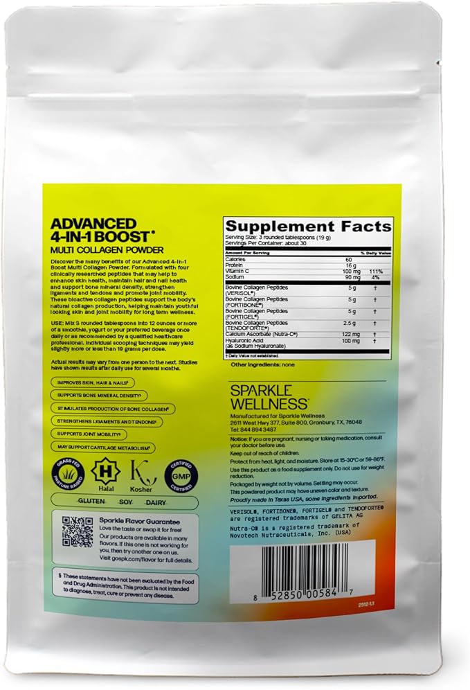 Sparkle Wellness Advanced 4 in 1 Boost | Clinically Tested Multi Collagen Powder with VERISOL FORTIBONE FORTIGEL TENDORFORTE | Skin Hair Bone Joint Health | No Flavor
