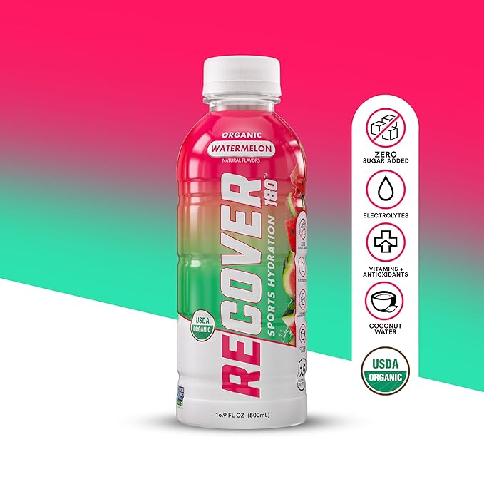 RECOVER 180 Organic Sports Hydration Drink No Sugar Added 20 Calorie Sports Beverage Organic Flavors With Vitamins Potassium-Packed Electrolytes (16.9 Fl Oz (Pack of 12) Watermelon)
