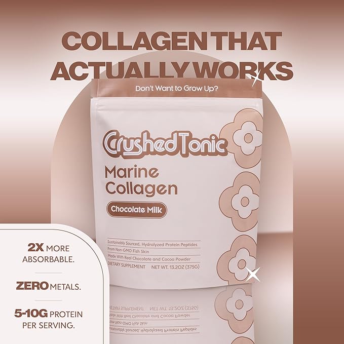 Crushed Tonic Marine Collagen Powder Korean Beauty Drink with Hydrolyzed Collagen Peptides for Skin Hair &amp Nails | Gluten-Free Halal &amp Kosher (Chocolate Milk 30 Servings (150 g) Pouch)