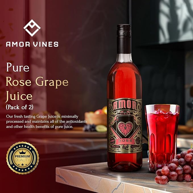 Amor Vines: Rosé Grape Juice – 100% Pure Non-Alcoholic No Water Added Preservative-Free – 750ml Glass Bottles (Pack of 2)