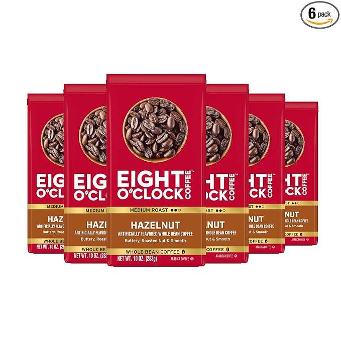 Eight O'Clock Coffee Hazelnut Medium Roast Whole Bean Coffee Buttery Smooth &amp Nutty 100% Arabica 10 Ounce (Pack of 6)
