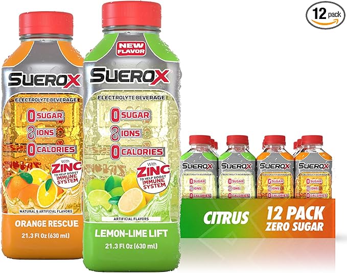 SueroX Sugar-Free Sports Drink for Hydration and Recovery Electrolyte Hydration Drink with 8 Ions Zero Calorie Sports Drinks with Electrolytes Citrus Pack 21.3 Fl Oz 12 Count