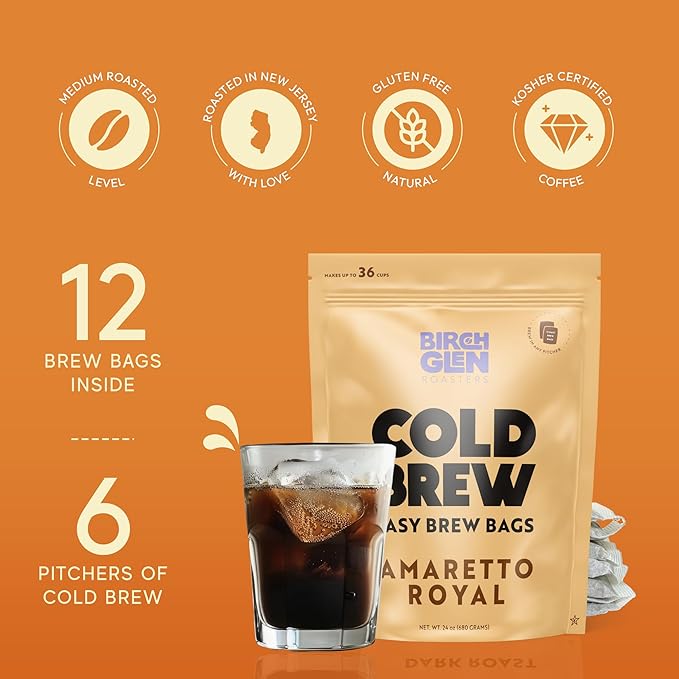 Birch Glen Roasters Cold Brew Coffee Bags - 12 Pack of Coarse Ground Coffee Filter Pitcher Packs for Easy Brewing - 100% Arabica - Yields 6 Pitchers - Hazelnut Flavor