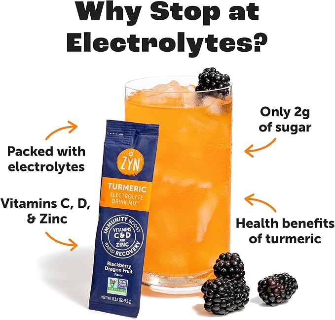 ZYN Electrolyte Drink Mix Hydration Packets Electrolytes Powder Hydration Packets w/Turmeric Curcumin Vitamin C and D Zinc Hydrate Electrolyte Powder Packets for Wellness Variety Pack of 16