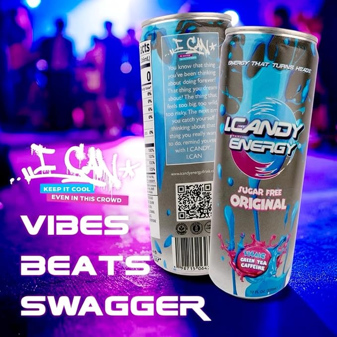 I.CANDY Sugar Free Energy Drink 24 Pack 12 oz Cans Zero Sugar Energy Drinks Bulk Case Zero Calorie 114mg Caffeine No Crash Clean Energy