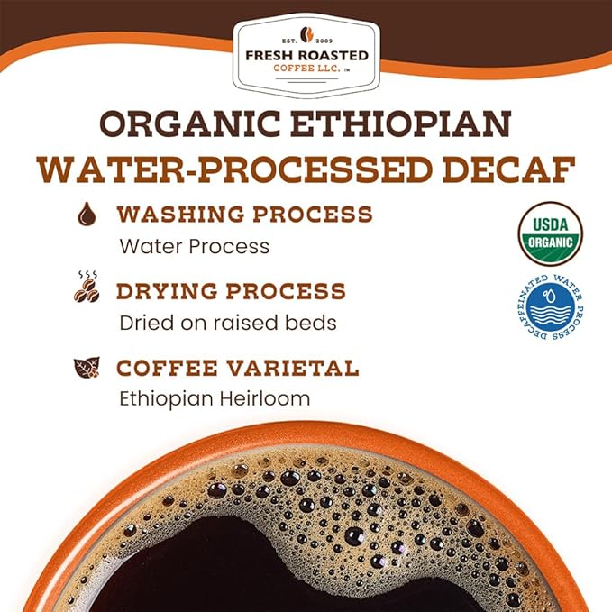 Fresh Roasted Coffee Organic Ethiopian Sidamo Water-Processed Decaf | USDA Organic 100% Single Origin Kosher | Medium Roast 12 oz Whole Bean