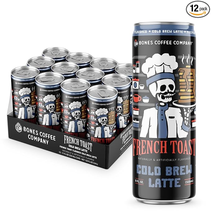 Bones Coffee Company French Toast Latte Sweet and Buttery Flavored Coffee Medium Roast Ready To Drink Iced Coffee in Can 11 Fl Oz Can (12 Pack)