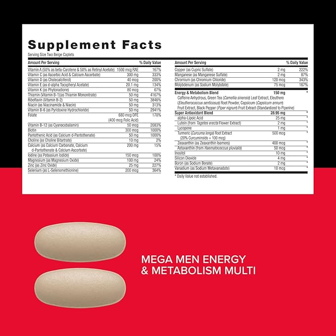 GNC Mega Men Energy and Metabolism Vitapak Program Convenient Complete Nutrition 5 Products in 1 Packet Calorie Burn Thermogenic 300mg Caffeine 30 Daily Packs