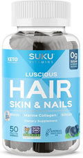 SUKU Vitamins - Luscious Hair - Silicon Biotin and Hydrolyzed Marine Collagen Gummies for Skin Hair &amp Nails - Easy to Chew - Non GMO Gluten Sugar Free - Blueberry Flavored Gummy Vitamins - 50 Co