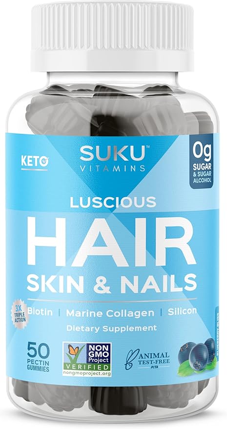 SUKU Vitamins - Luscious Hair - Silicon Biotin and Hydrolyzed Marine Collagen Gummies for Skin Hair &amp Nails - Easy to Chew - Non GMO Gluten Sugar Free - Blueberry Flavored Gummy Vitamins - 50 Co