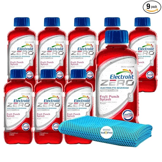 Electrolit Zero Fruit Punch Splash Hydration Drink with Electrolytes 21 fl oz Plastic Bottle 9 Pack + 1 Microfiber Cooling Towel by KOOL8SHOP Infinite Deals